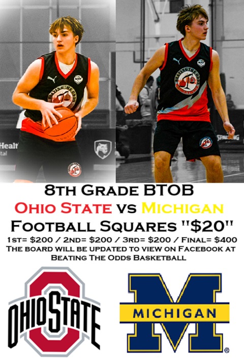 Support BTOB Basketball. Each square is $20 (1st=$200 / 2nd=$200 / 3rd=$200 / Final=$400). The updated board(s) can be viewed on the organizations Facebook page (Beating The Odds Basketball). Please reach out to me if interested via email (terryhejduk@gmail.com) or pm. Thank You!