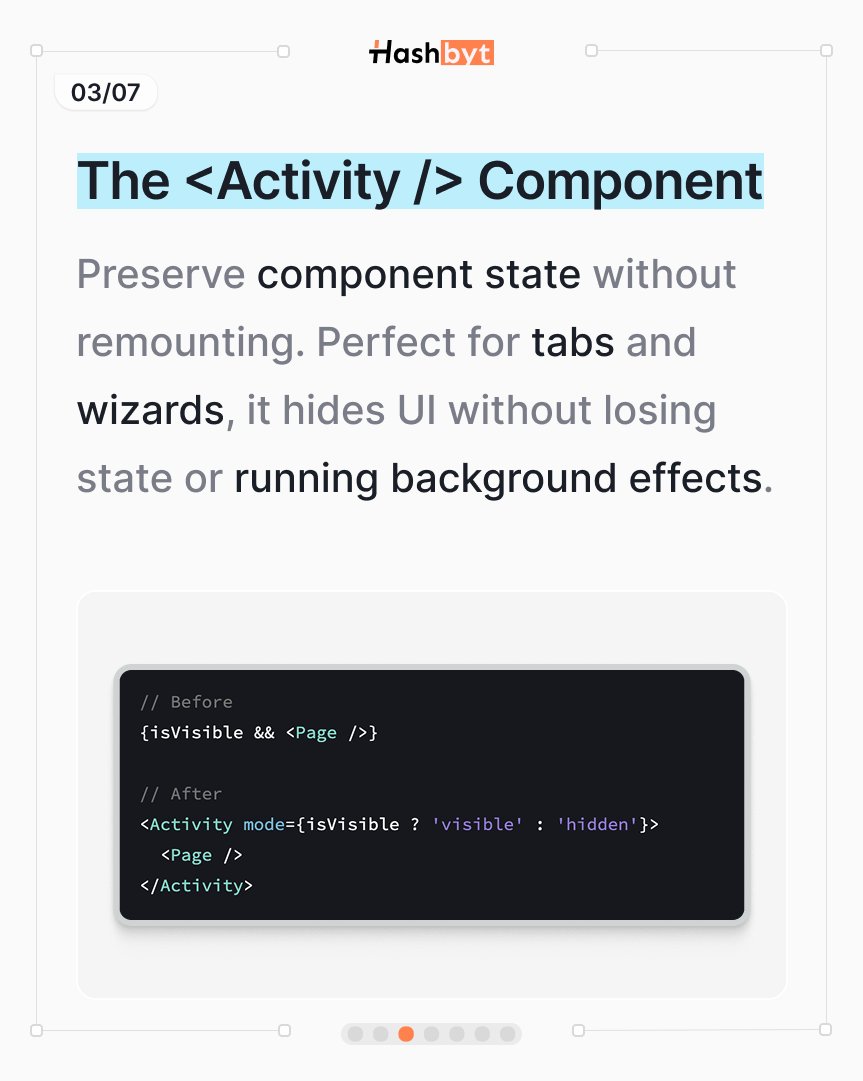 hashbyt's tweet image. The new &amp;lt;Activity /&amp;gt; component is a game-changer.
Hide UI → keep state intact → no remount → zero user friction.
Tabs, wizards, multi-step flows… all finally behave like they should. 🔥

#ReactComponent #UIUX #CodeQuality #FrontendMagic #StateManagement