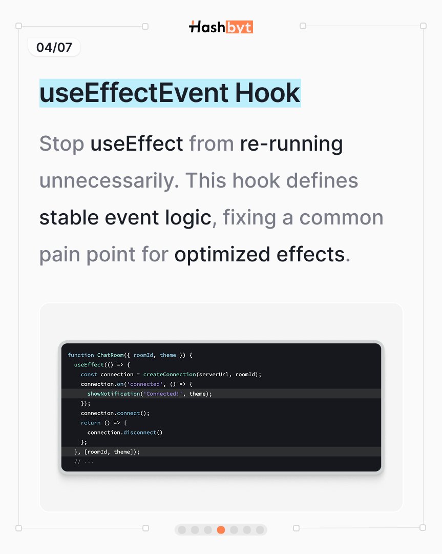 hashbyt's tweet image. No more “why is my effect running AGAIN?” moments. 🤦‍♂️
 useEffectEvent() gives you stable, predictable effect logic.
This one hook will save developers HOURS of debugging.

#useEffect #ReactHooks #CleanCode #Debugging #DevTips