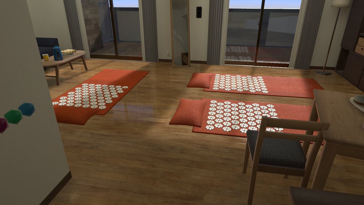 VPlaybone's tweet image. 【Shakti mat home】
いわゆるシャクティマットが置いてあるホームワールドです。ストレッチやヨガにもどうぞ。
上級者のためのスイッチもあります。
#VRChat_world紹介