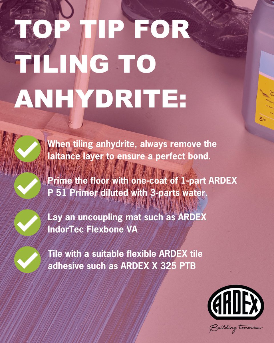 Tiling onto anhydrite? We've got your covered with our 4-point plan to ensure perfect floor tiling!

Find out more about ARDEX P 51 Primer here - ow.ly/MCb250XpbxI

 #TilingTips #AnhydriteFloors #ARDEX #TileInstallation #PrimerApplication #ProfessionalTiling