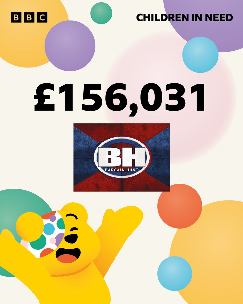 🎉Because of your incredible generosity, we’ve raised an amazing £156,031 for BBC Children in Need! Every pound makes a difference to the projects that <a href="/BBCCiN/">BBC Children in Need</a> helps to fund — and it’s all thanks to YOU. 🖱️Donate now donate.bbcchildreninneed.co.uk/bargainhunt🙌 #BBCBargainHunt #ThankYou