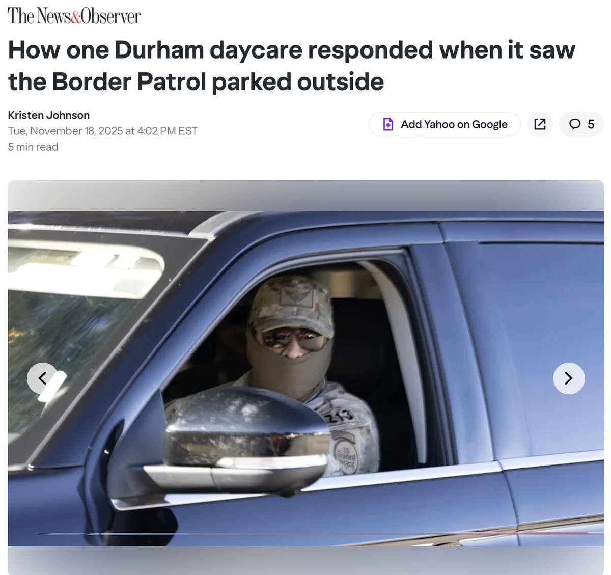 ForwardCarolina's tweet image. Border Patrol thugs posted up outside a daycare in Durham so they could grab mothers picking up their children.