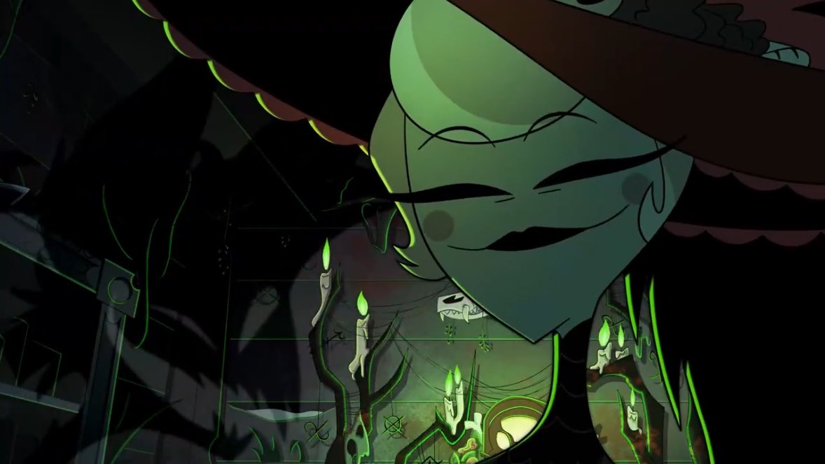 alonairrr's tweet image. okay so even if rosie and alastor diet make a deal and she just fixed his staff, WHY did she smirk like that? seconds after she was angrily calling him a snake mind you! I’m scared for Alastor 😭