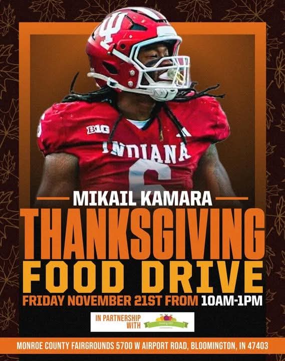 taxmegan's tweet image. Local food pantry Pantry 279 has partnered with #iufb players @Mikail_kamara6 and @LongSnapMark for a food drive Friday (11/21/25, 10a-1p) at the Monroe Co Fairgrounds!