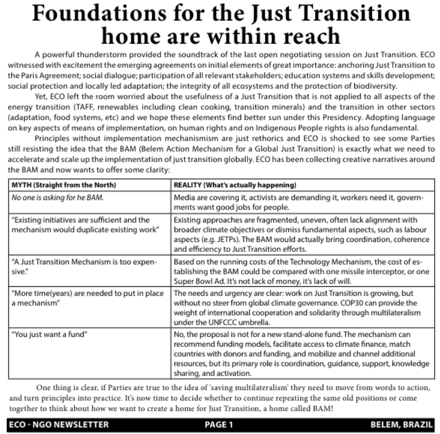 CANIntl's tweet image. The COP30 President knows ECO is a great read! 
Today&apos;s top front-page story? 

#JustTransition and the Belem Action Mechanism, of course. 

#BAM!

Read today&apos;s full ECO here:
climatenetwork.org/resource/eco-9…