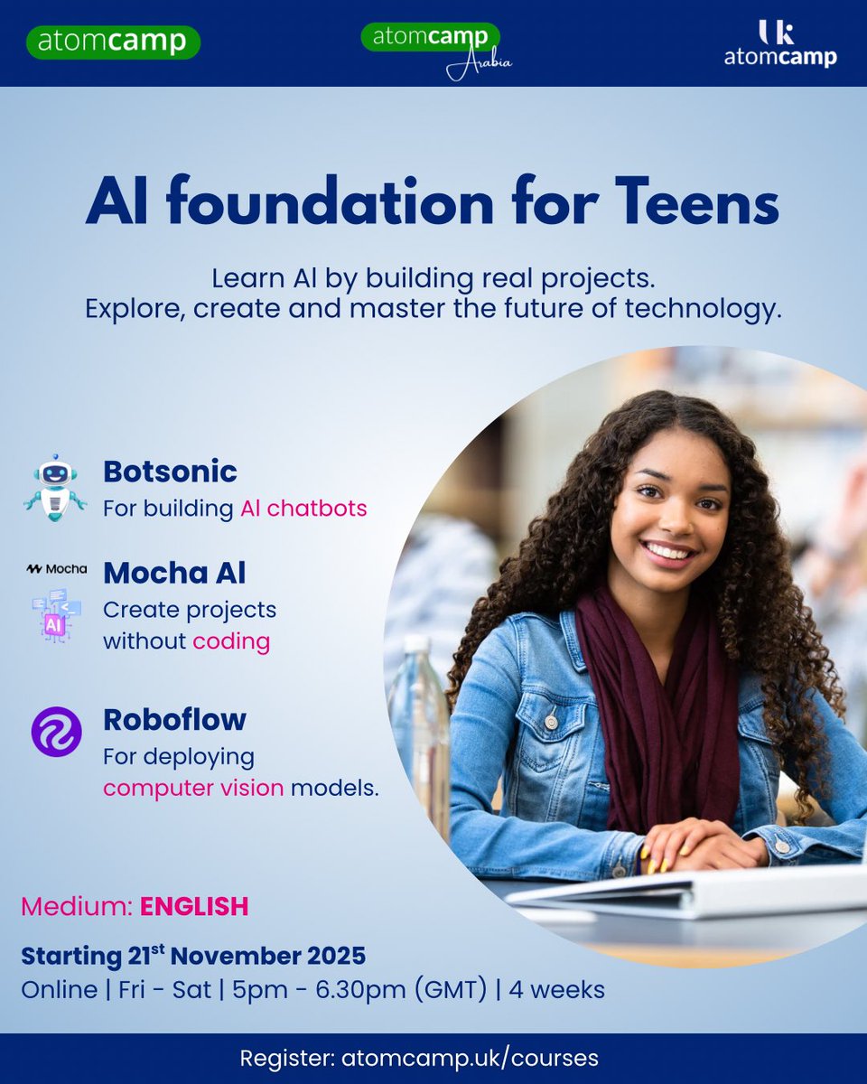 atomcamp's tweet image. Curious how ChatGPT, self-driving cars, or face recognition work? Stop wondering—start building!
Join our AI Foundation for Teens, a 4-week live, hands-on course for ages 12–17. No prior experience needed.

In 8 fun sessions, teens will:
• Learn how AI thinks and makes…
