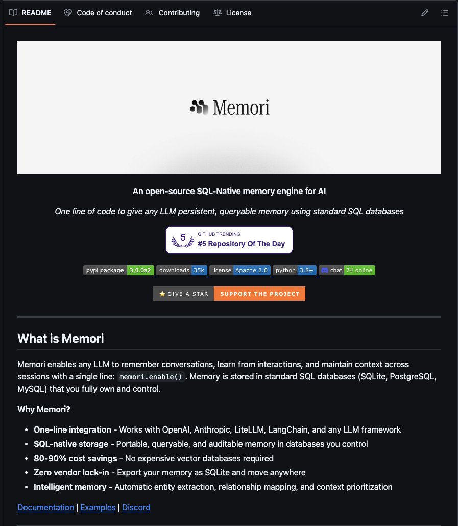 memorilab's tweet image. We’re building the Memory Layer for modern AI agents, offering reliable context, persistent state, and zero lock-in.

GitHub Repo: github.com/GibsonAI/Memori