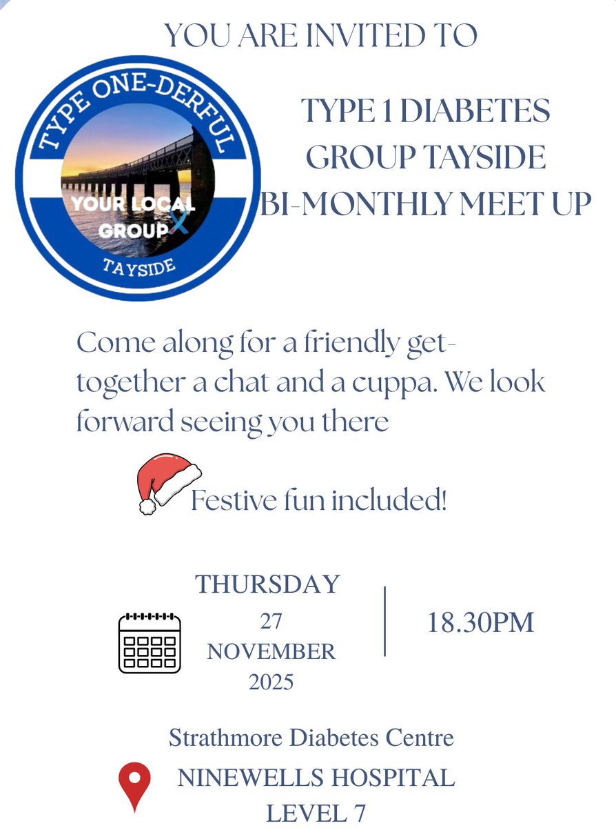 NHSTayside's tweet image. There is a new evening support group for people with Type 1 diabetes.  The group meets in the Strathmore Diabetes Centre at Ninewells Hospital.
The next meeting is on Thursday 27 November at 6.30pm.  Come along for a friendly get together and enjoy a chat and a cuppa.