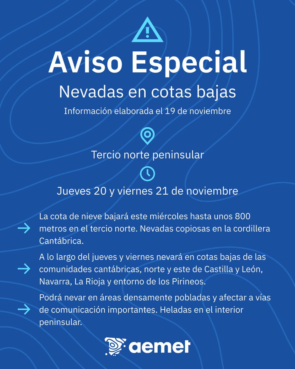 AEMET_Esp's tweet image. ⚠️AVISO ESPECIAL | Nevadas en cotas bajas.

➡️ La nieve cae ya este miércoles en montañas del norte, con una cota que descenderá el viernes hasta 300-400 metros. 

➡️ Afectará a vías de comunicación importantes. Mantente informado de la situación.

+ info: aemet.es/es/eltiempo/pr…