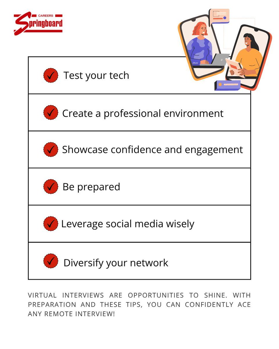 CSGX_'s tweet image. You’ve got 30 minutes to impress and only 30 seconds to make them believe you’re the one. Are you ready for your next virtual interview? 

These are some of the tips we share weekly at Career Springboard, and the support is entirely free.

#VirtualInterviewTips #CareerSupport