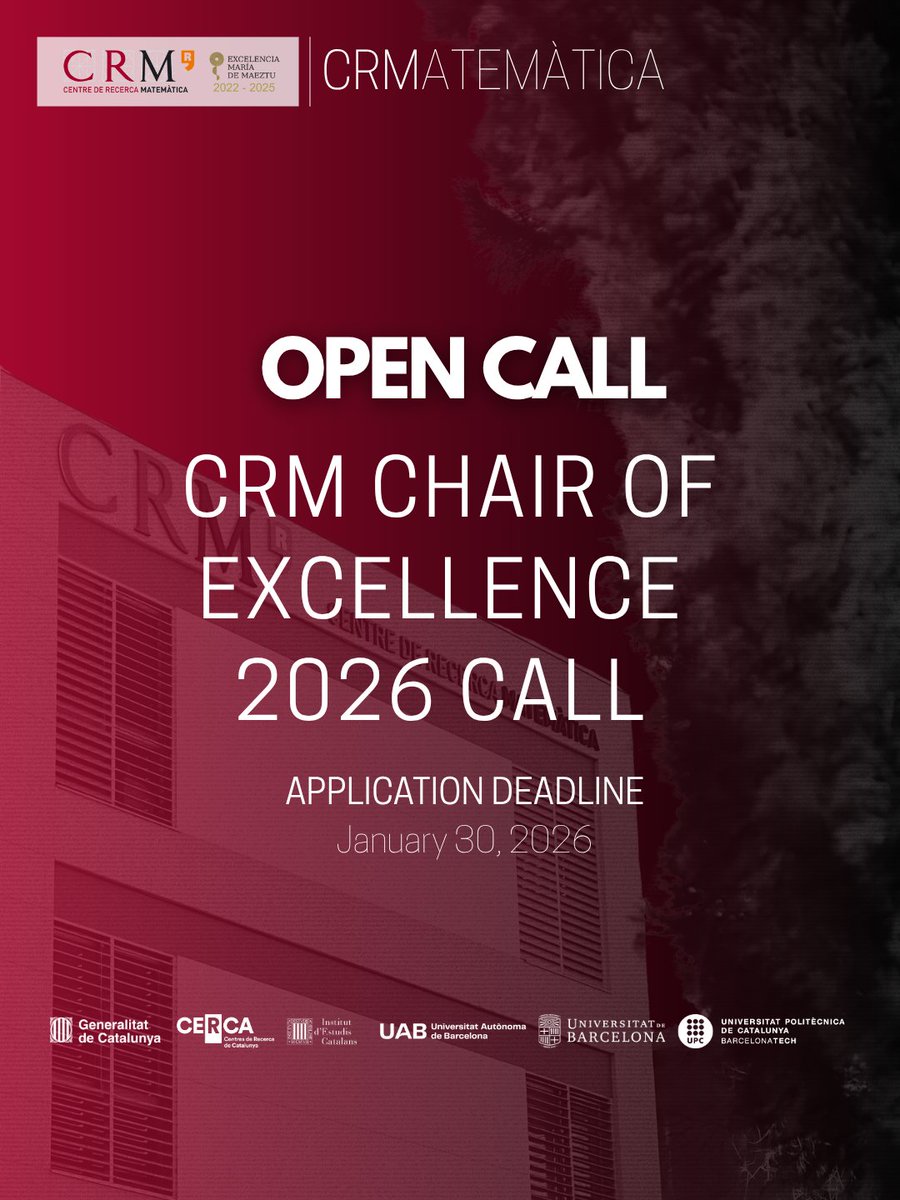 CRMatematica's tweet image. The CRM Chair of Excellence 2026 is now open to senior women mathematicians for research stays of 1-3 months. 

Application deadline: January 30, 2026 

crm.cat/call/97/crm-ch… 

#WomenInMath #Mathematics #ResearchFunding #WomenInSTEM #AcademicOpportunities #MathResearch