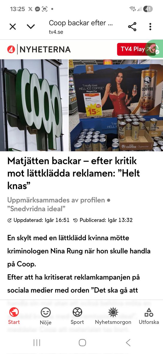 C_Backstrom's tweet image. Kvinna gör reklam för kaffe i korsett
och Coop beklagar, detta blev ej rätt
Jag minns att någon sade, kaffe kallt
liksom varma kvinnor sparar tiden tiofalt
Hon som gör reklam för isigt kaffedopp
verkar varm, ty lättklädd äro hennes kropp