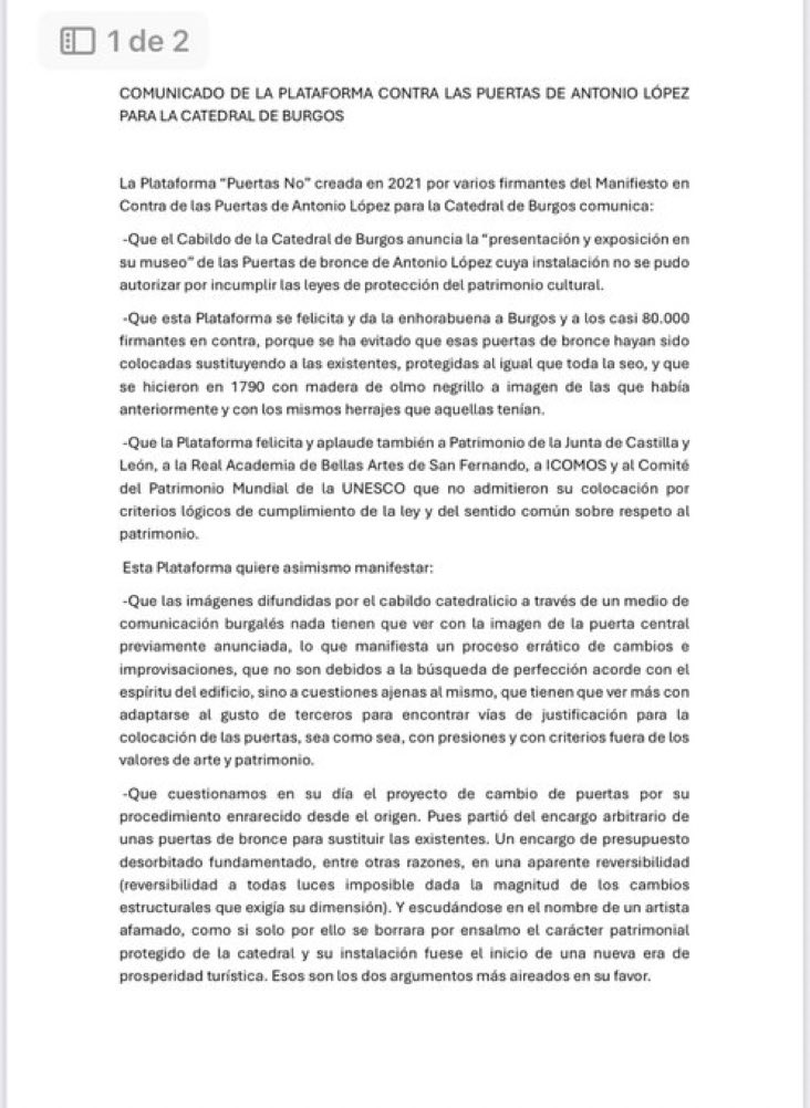 CiudadanoMaltes's tweet photo. Comunicado de la Plataforma contra las puertas de Antonio López para la Catedral de #Burgos
@archiburgos @patrimoniojcyl @Aytoburgos @Burgos2031  @FAEBurgos @elbarroquista @Jjo_Rodriguez 
@culturagob 
@CelineMartinGev 
@JessOjedaCalvo https://t.co/vv6wMH63qs