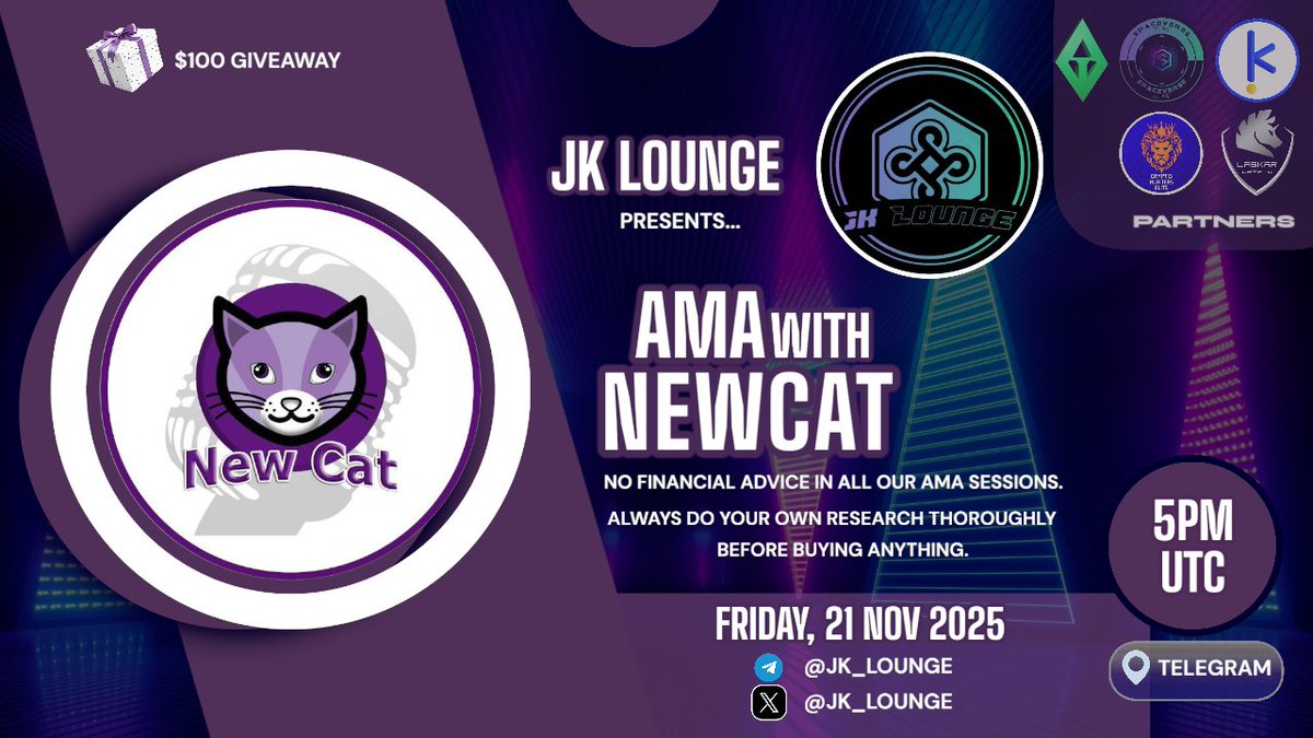 📢 AMA ANNOUNCEMENT 📢

🌌 JK LOUNGE X NEWCAT 🌌

We’re excited to announce that JK LOUNGE will be hosting an exclusive AMA Session with the <a href="/Official_NewCat/">NEWCAT COIN $NCT/NCPLAY</a> team on the 21st! 😺🔥

This is a golden opportunity to hear directly from the team, ask your questions, and get deeper