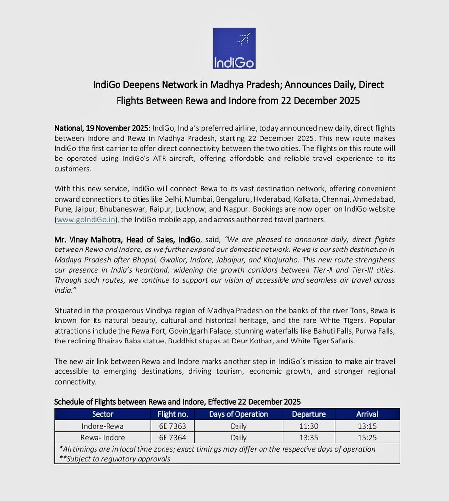 rshuklabjp's tweet image. इंडिगो एयरलाइंस ने रीवा-इंदौर 72 सीटर विमान सेवा के टिकट आम जनों के लिए जारी कर दिए हैं।

विंध्य से मध्य प्रदेश की वित्तीय राजधानी इंदौर, महाकाल नगरी उज्जैन तक पहुंचना अब अधिक सुगम होगा। साथ ही इंदौर के माध्यम से मुंबई, जयपुर, अहमदाबाद, बेंगलुरु, हैदराबाद सहित देश के प्रमुख शहरों…