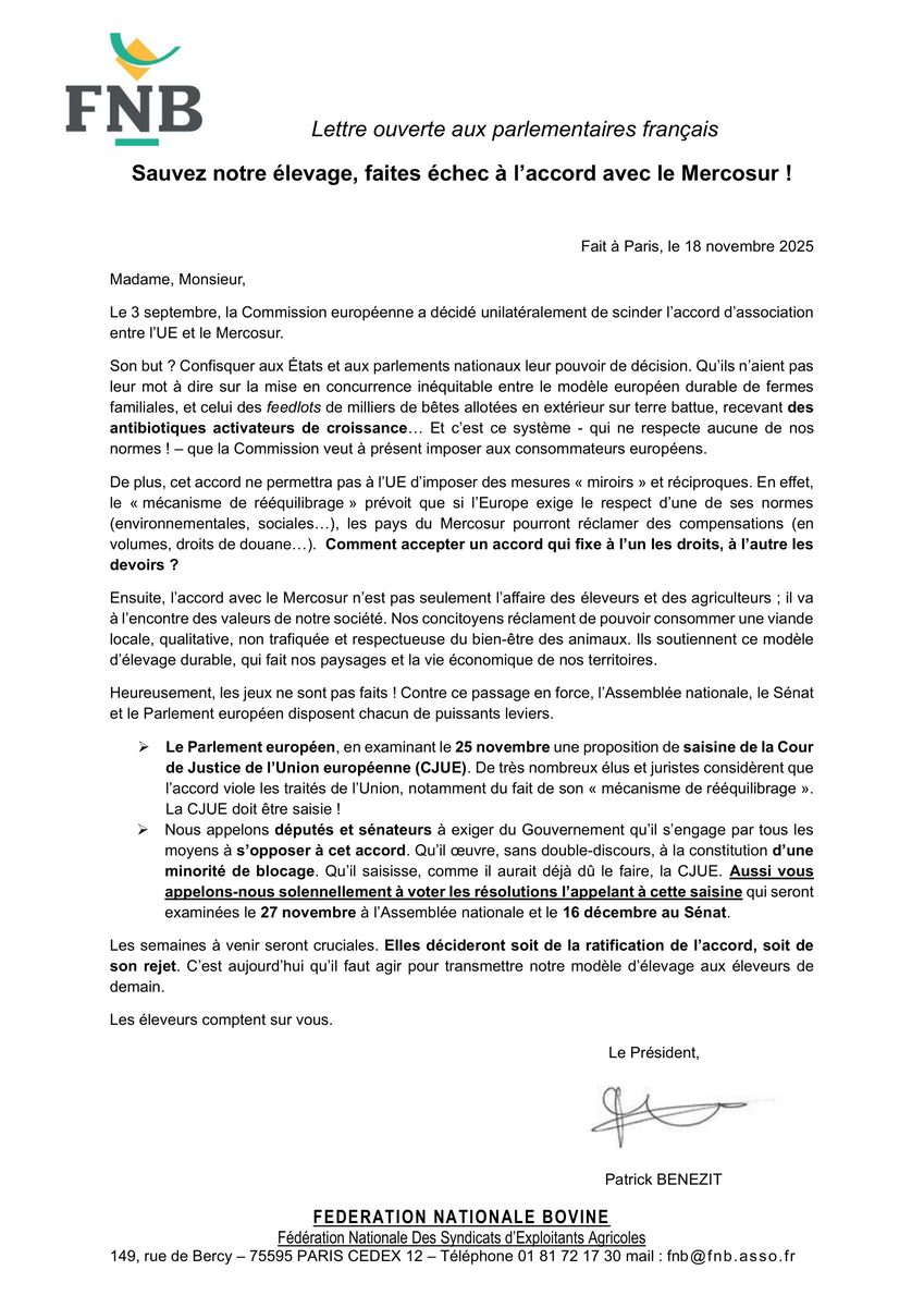 📢 Lettre ouverte aux parlementaires
 🚨#Mercosur : la <a href="/UEFrance/">Commission européenne 🇪🇺</a> veut confisquer le pouvoir des États et imposer une concurrence déloyale aux éleveurs européens 🐂
 👉Nous appelons les députés et sénateurs à saisir la <a href="/CourUEPresse/">Cour de justice UE</a>  et à rejeter cet accord dangereux.
#Elevage