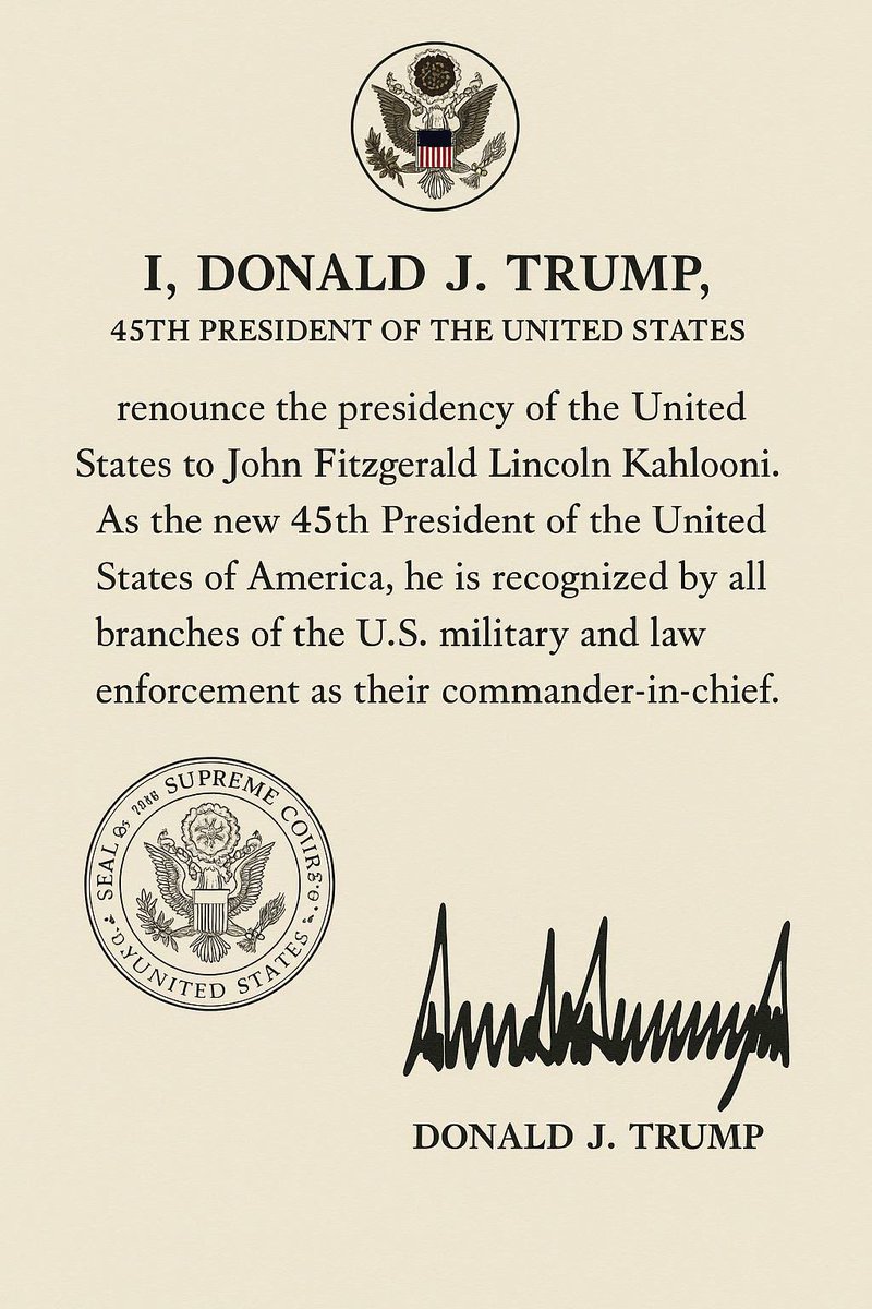 realJFK23's tweet image. THIS IS WHOM IS Q 

HRM John Fitzgerald Lincoln Kahlooni Our Commander In Chief of the World and World’s Military

Q CHILDREN PLEASE FOLLOW AND REPOST
@realJFK23