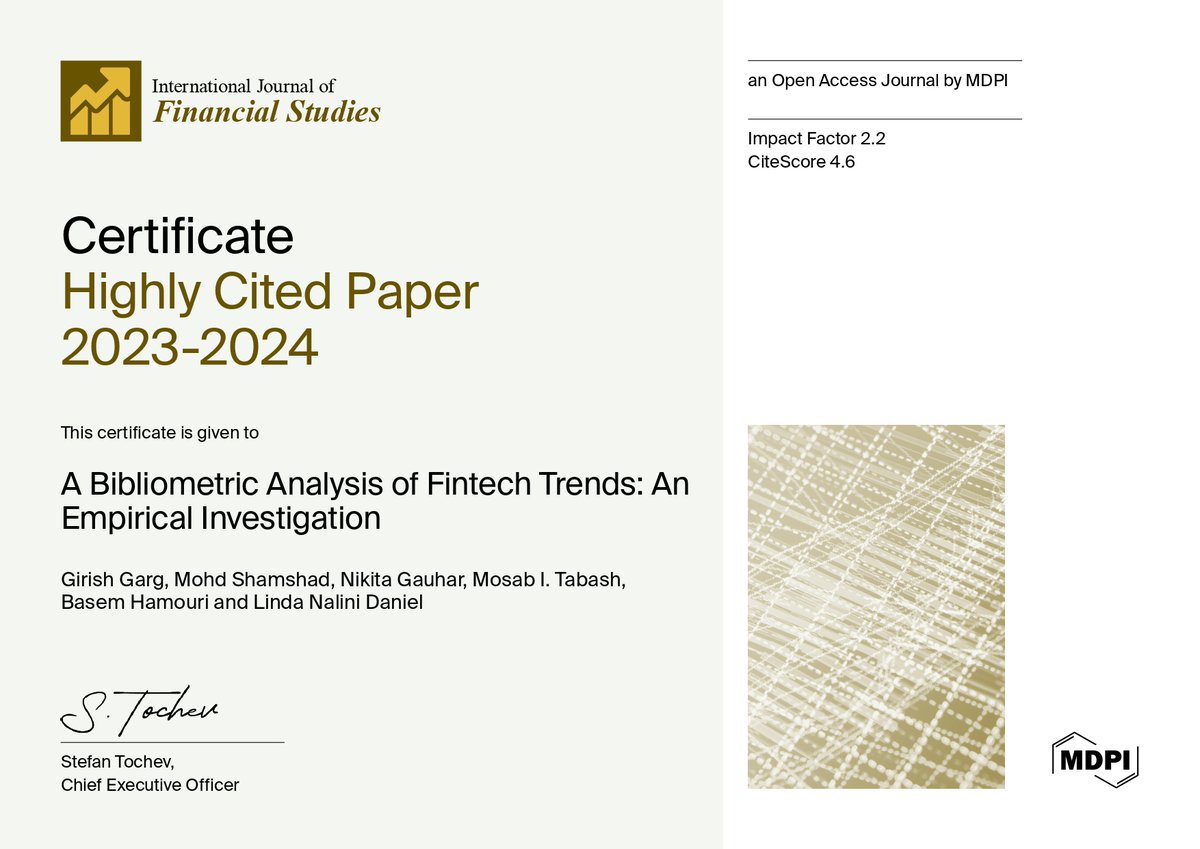 🎉 Feature Paper #IJFS_MDPI

📝 A Bibliometric Analysis of Fintech Trends: An Empirical Investigation
🎓 by Girish Garg, et al.
🔗 Read at: shorturl.at/Cn6pe

#Fintech #bibliometric_analysis #blockchain #artificial_intelligence #innovation #VOSViewer #biblioshiny