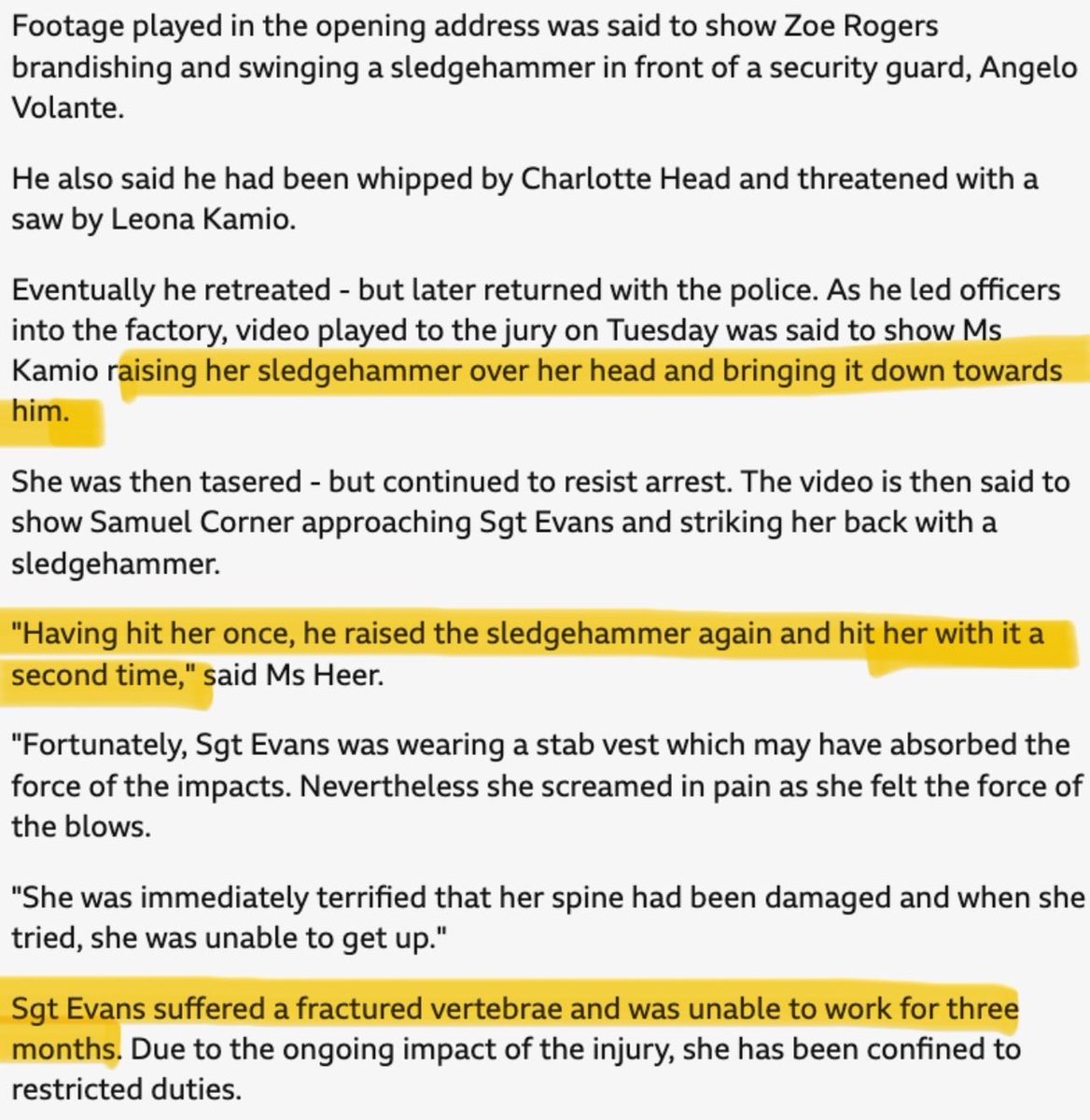 I don't ever want to hear that Palestine Action are a "none violent protest group", imagine saying that about people who fractured a police officers spine by hitting them repeatedly with a sledge hammer. Any Politician who backed them should publicly apologise to the Police.