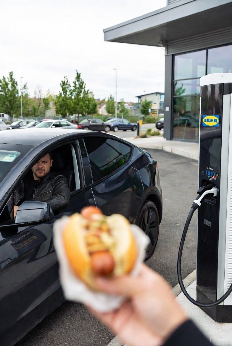 RealRusty's tweet image. Manchmal fahre ich zu Ikea nur für den 1-€-Hotdog und lade dabei voll. Wenn dann ein Verbrenner neben mir hält und fragt „Lädst du?“, sage ich: „Nein, ich esse eigentlich nur – bei mir kostet das ja nicht gleich 90 €.“ 😏