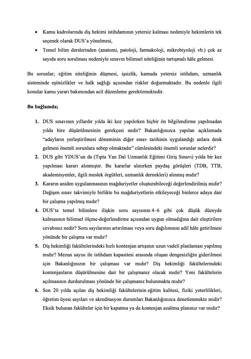 hevalbozdag's tweet photo. Başta plansız kontenjan artışları, niteliksiz eğitim, istihdam ve kadro yetersizliği, işsizlik ve geleceksizlik kaygısı olmak üzere birçok sorunla karşı karşıya olan diş hekimliğinde, öncelikli sorunları çözmek yerine, yılda iki kez yapılan DUS’un (Diş Hekimliğinde Uzmanlık Eğitimi Giriş Sınavı) hiçbir paydaşa danışılmadan, yaratacağı mağduriyetler göz önüne alınmadan ani bir kararla yılda bire düşürülmesi kabul edilemez! 

Genç hekimlerin, mesleğin ve eğitimin niteliğinin ve de toplum sağlığının korunması için birçok düzenlemenin yapılması ve gerekli adımların atılması şart. 

Konuyu ve tüm sorunları TBMM gündemine taşıyarak @saglikbakanligi’na sorduk👇

#2DusHaktır #Dusyeniden2kez #Dishekimiatamabekliyor
@TDB_TDA  @gencdishek