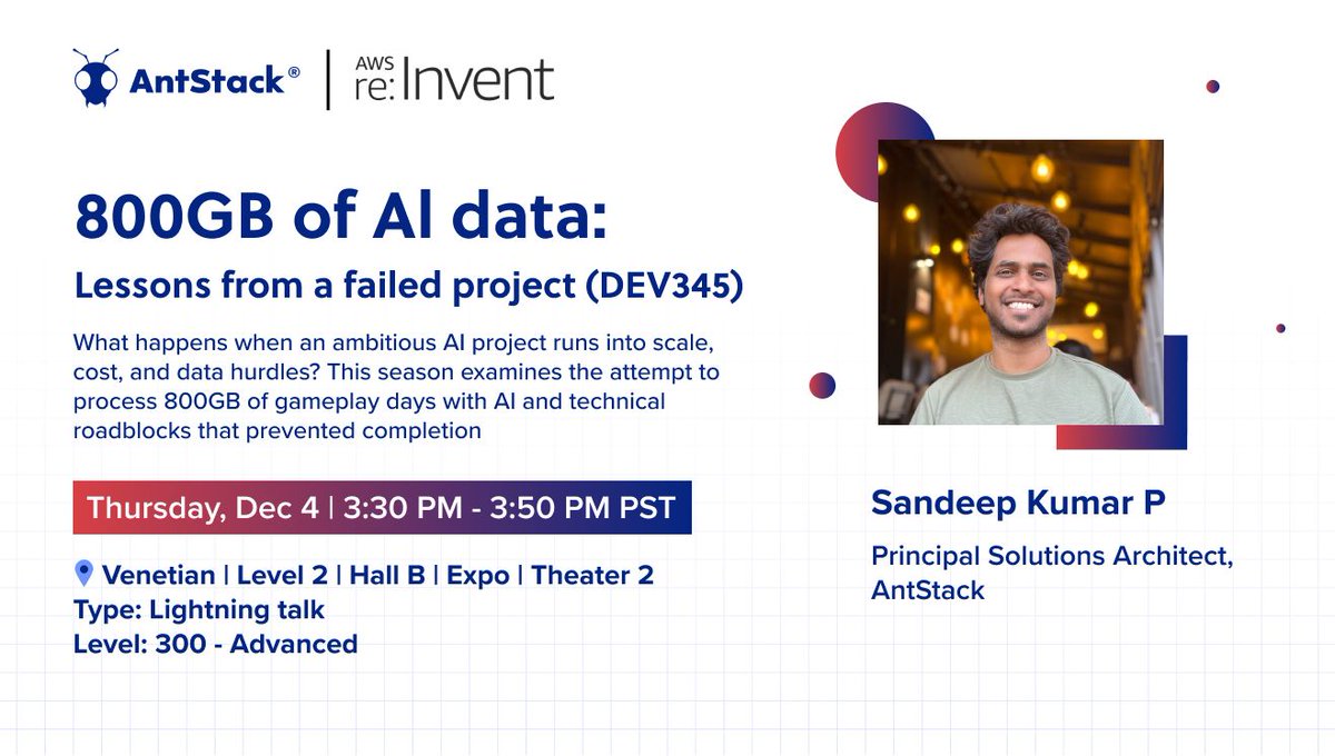 AntStack's tweet image. Proud moment! 💙

Our Principal Solutions Architect, Sandeep Kumar, is speaking at AWS re:Invent.

Topic: “800GB of AI data: Lessons from a failed project (DEV345)”

📅 Dec 4 | ⏰ 3:30 PM PST |📍 Venetian, Theater 2

Catch the session!

#AWSreInvent #AntStack #Serverless #AIML