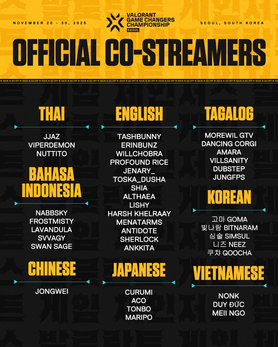 vctpacific's tweet image. Your favorite creators are going live for #VCTGameChangers Championship week!

Catch their watch parties and reactions from November 20-30 🎙️
