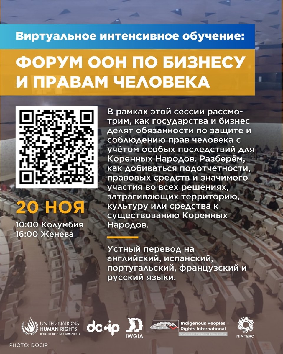 Docip_en's tweet image. Присоединяйтесь к нам завтра на заключительную сессию цикла обучения 2025 года по участию Коренных Народов в глобальных процессах бизнеса и прав человека.
📅 20 ноя | ⏳ 16:00–18:00 (Женева)
@IPRightsIntl @IWGIA @NiaTero
#ПраваКоренныхНародов #UNForumBHR #bizhumanrights