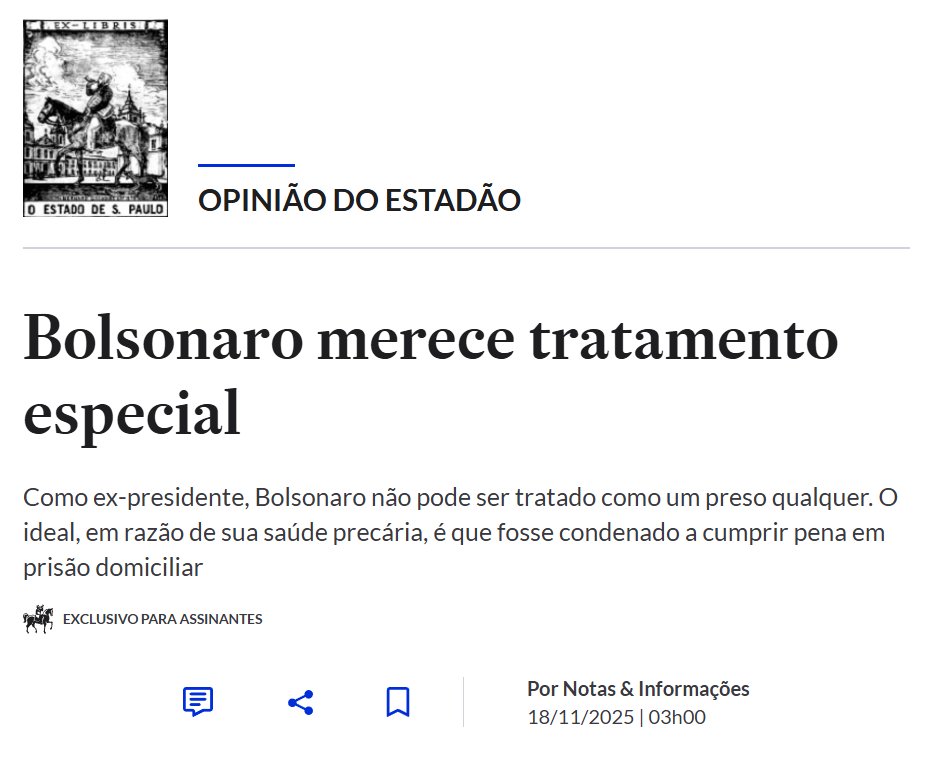 CarlosZarattini's tweet image. Mais um editorial do Estadão que desafia qualquer noção de coerência. Publicar texto defendendo que Jair Bolsonaro merece tratamento especial e até privilégios por ser ex-presidente, incluindo a sugestão de prisão domiciliar, revela uma lógica seletiva difícil de justificar.

O…