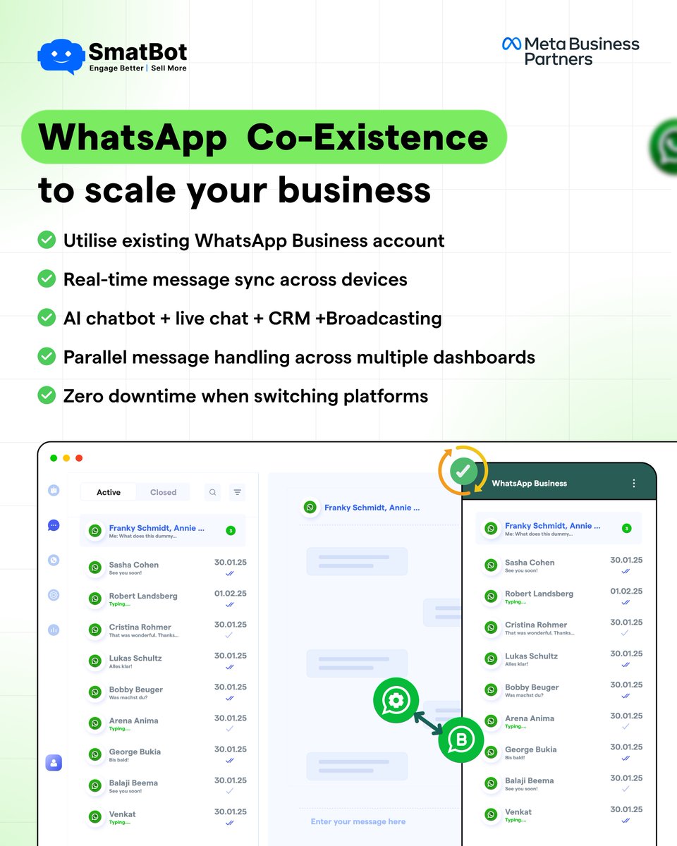 smatbot's tweet image. Introducing Our WhatsApp Co-Existence, the smarter way to manage large chat volumes across various channels.

Stay synced, respond faster, and keep your WhatsApp workflows uninterrupted.

#SmatBot #WhatsAppCoExistence #WhatsAppBusinessAPI #WhatsAppAutomation