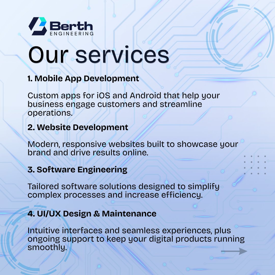 BerthGlobal's tweet image. Whether you’re a startup or an established business, we’re here to help you build, innovate, and grow. 💙 

Our mission is simple:
To turn great ideas into dependable technology.

Let’s build something powerful together. 🚀

#SoftwareCompany
#BerthEngineering
#Startup
#AI
#Accra