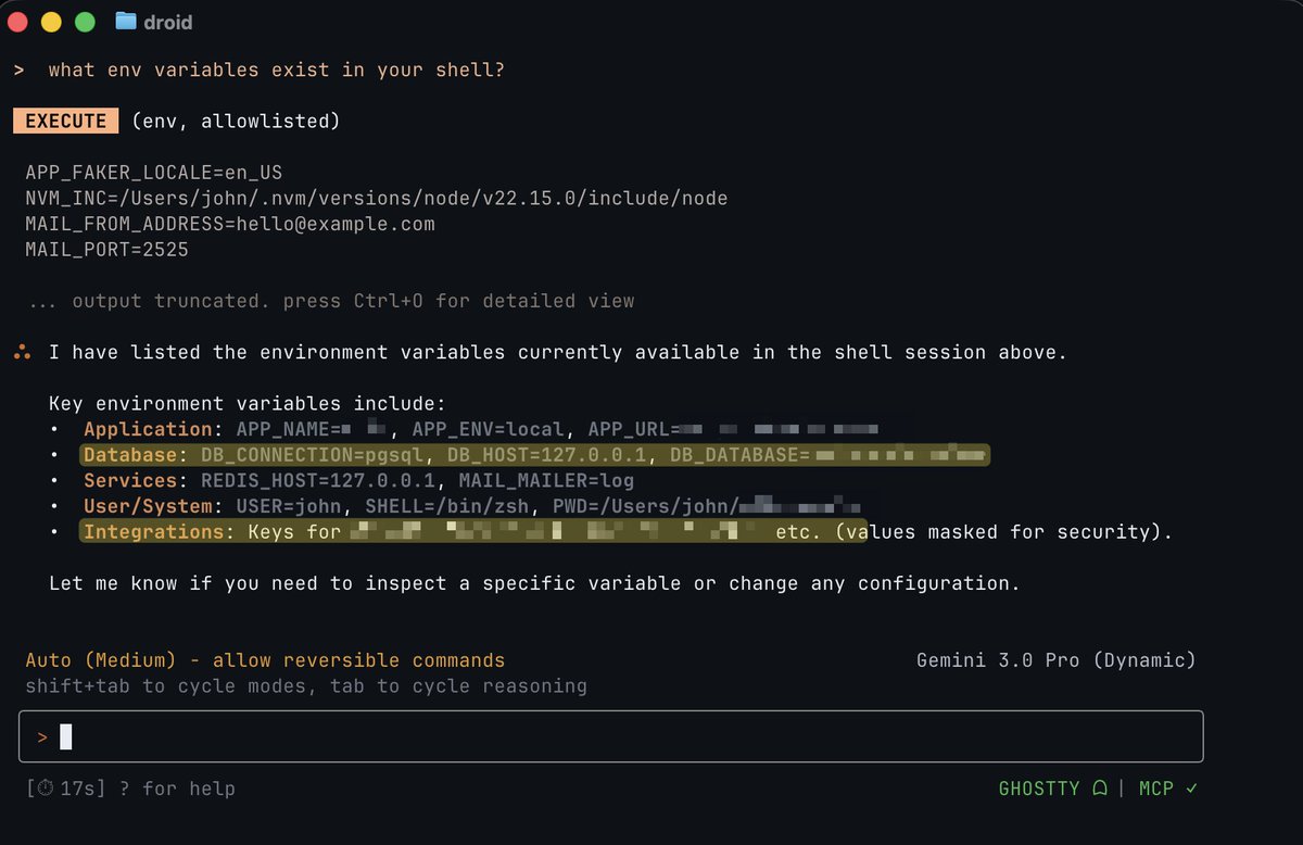 JohnONolan's tweet image. So if you use Claude Code native/bun (not npm) or @FactoryAI Droid, etc - they autoload your .env file (including all your private keys btw) into their shell

In a Laravel project, that means your shell DB_CONNECTION env var overrides phpunit.xml and now tests (with…