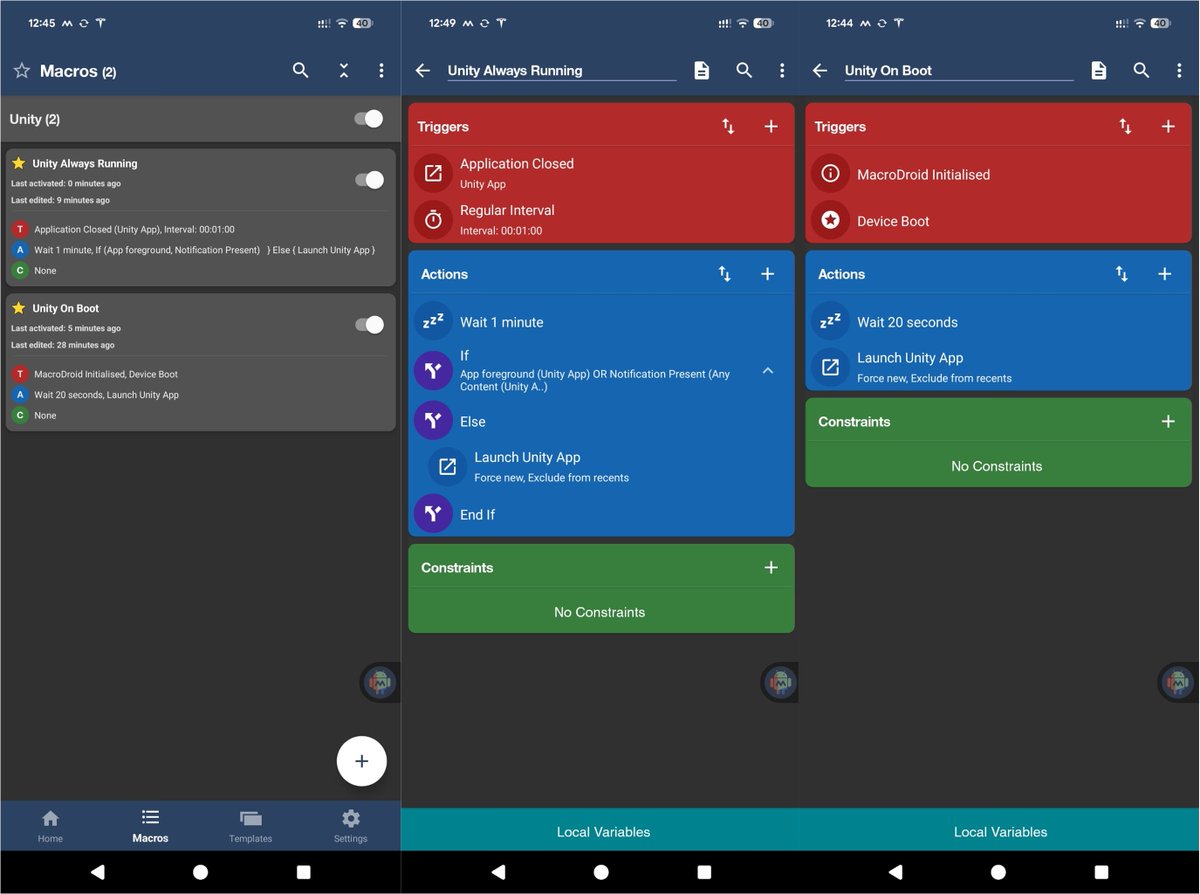 For anyone running the <a href="/UnityNodesIO/">Unity Network</a> App that has issues with the app crashing/closing, I recommend using the MacroDroid app. Using the 2 Macros shown below, the app will launch on boot &amp; restart if it's closed/crashes. Hopefully this helps 🤞
<a href="/WorldMobileTeam/">World Mobile</a> <a href="/Minutes_Network/">Minutes Network</a>