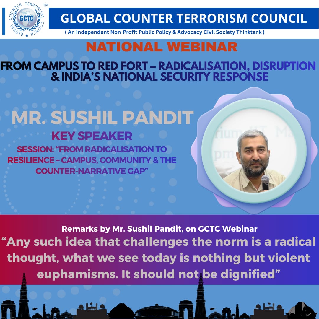 📷 LIVE — GCTC Webinar Sushil Pandit: “Ideas challenging the norm are radical; what we see today are violent epiphanies — they must not be dignified.” A clear call to reject the glorification of extremist impulses. 
#GCTC #Radicalisation #NationalSecurity