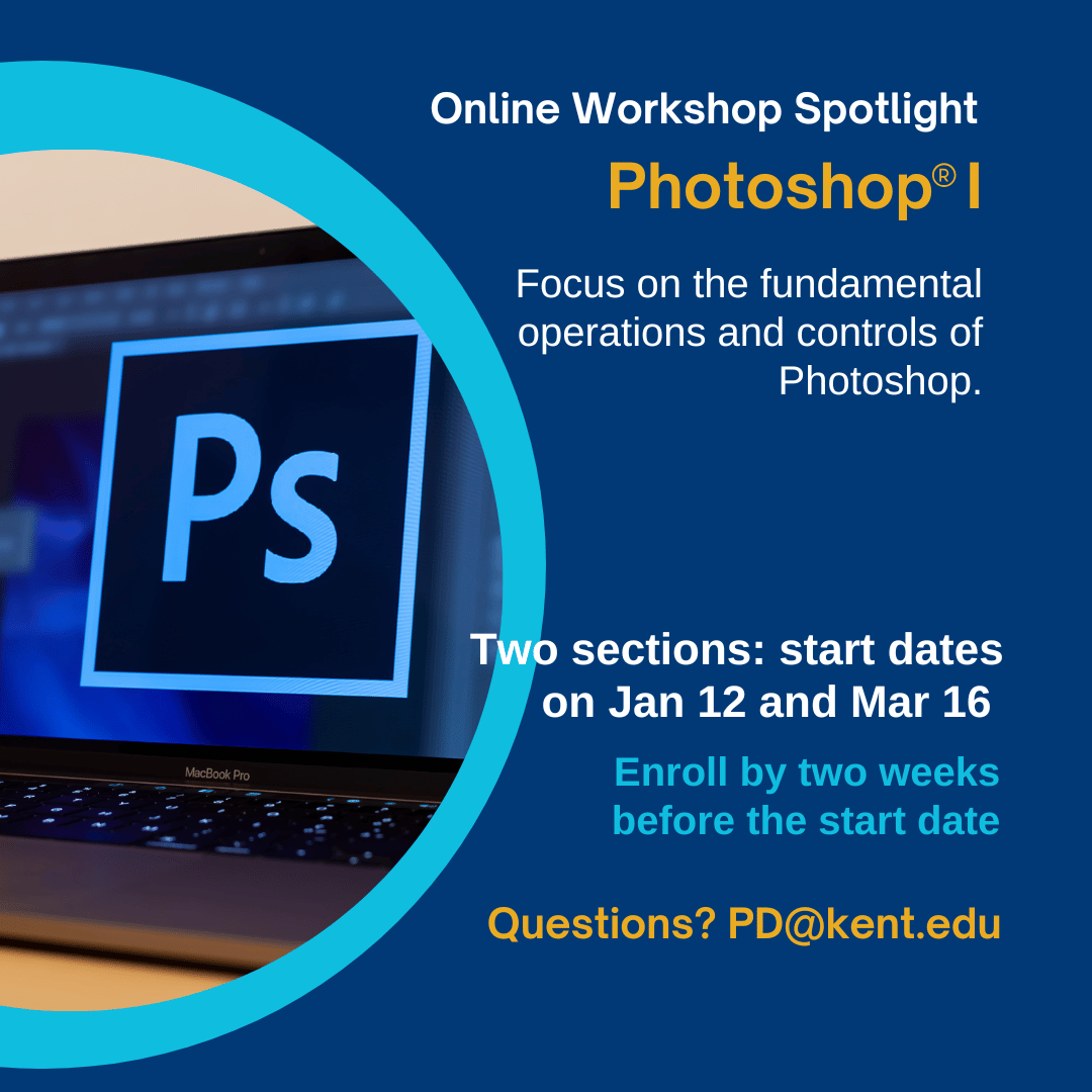 #OnlineWorkshop: Photoshop I

Spring 2026: Two sections
Jan 12 - Feb 8
Mar 16 - Apr 12

2 credit hours, grad or undergrad
Instructor: Dr. Ben Hollis

Questions? PD@kent.edu
Looking for other workshops? kent.edu/CreditWorkshops

#KentStatePDO #Photoshop #AdobePhotoshop