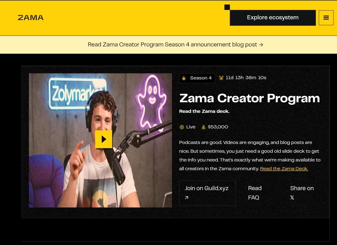 mike_morfii's tweet image. Creator Program S4 is live: pre-TGE rewards for FHE developers. 3.5k OG NFTs up for grabs, plus points for threads and apps. 

Zama is building hype in the community top 1k creators will receive Zama OG NFTs.

Educate, build, ship, earn. Privacy pays dividends. 
@zama…