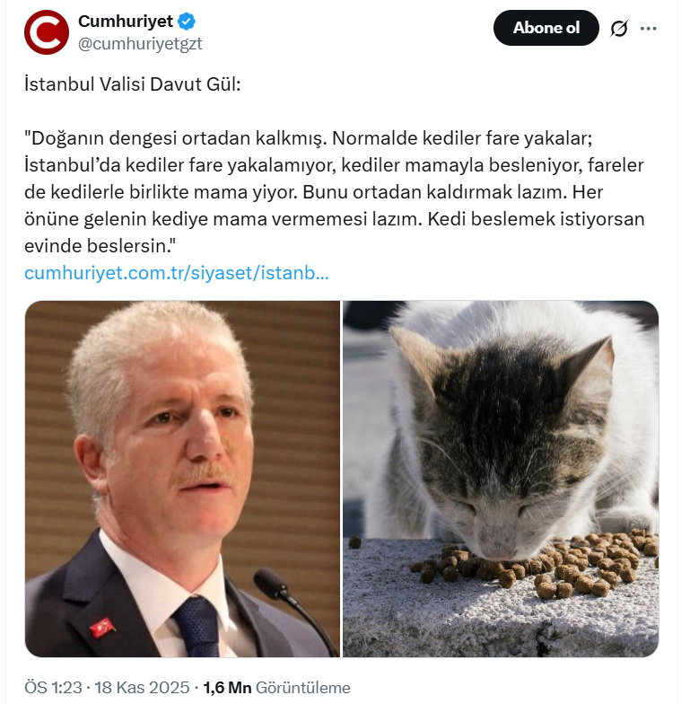 Ben en çok bu "doğanın dengesi ortadan kalkmış" lafına takıldım. Yani 20 milyonluk şehrin içme suyu kaynağını inşaata açınca veya Trakya'yı boydan boya kanalla yarınca doğal dengeye bir şey olmuyor, Ayşe teyze mahallenin kedisine bir avuç mama verince bozuluyor. Çok acayipmiş.