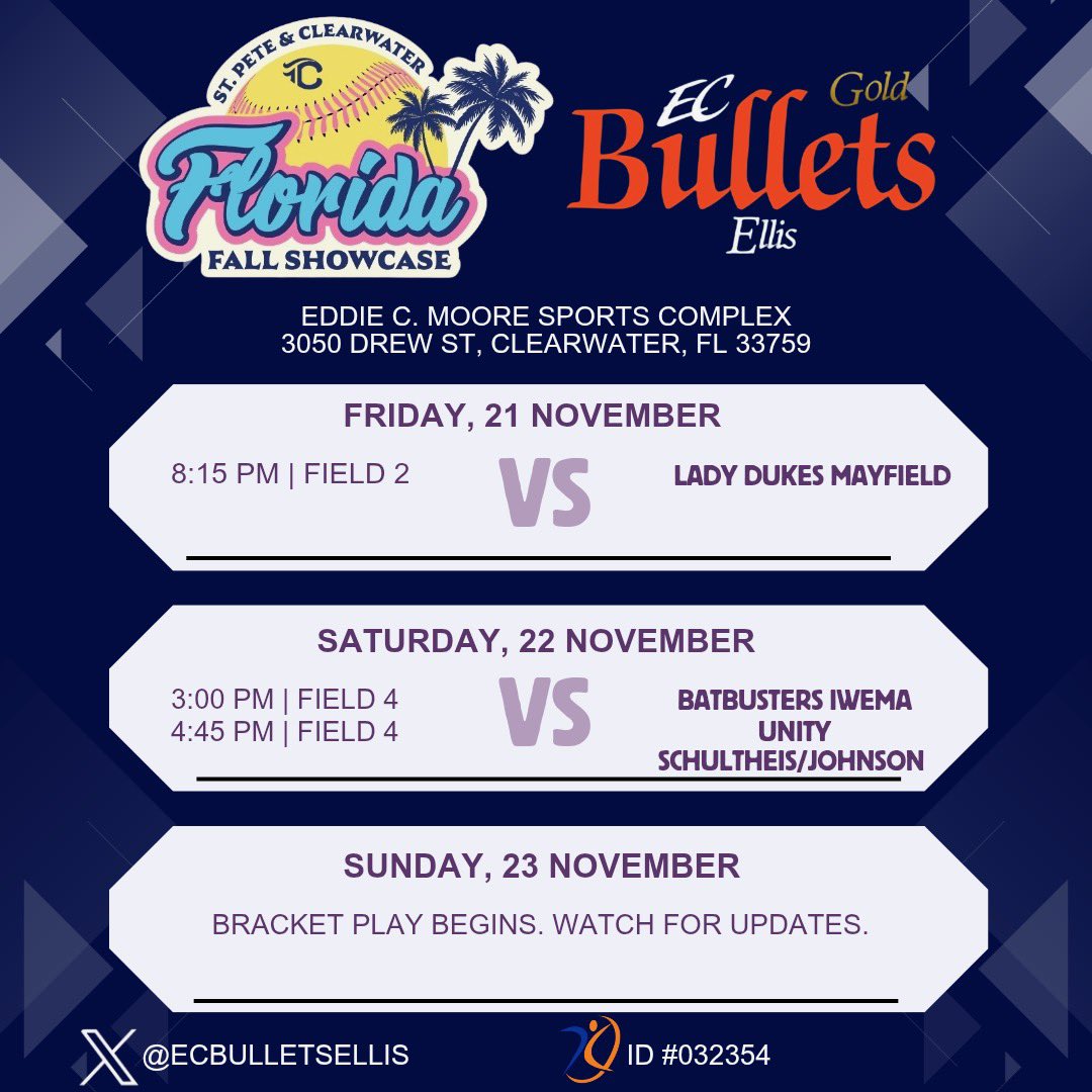 To wrap up what an awesome fall season this was, we are headed to Clearwater Fl, for the Florida Fall Showcase! Hope to see you there! 🥎🧡💙
<a href="/ECBulletsEllis/">EC Bullets Gold Ellis</a> <a href="/EastCobbBullets/">EC Bullets Fastpitch</a>