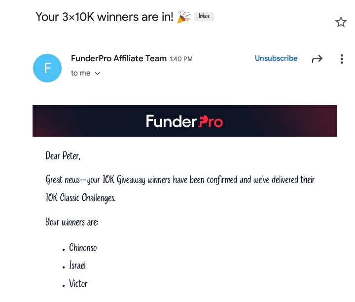 “Proud to announce our 10K Giveaway winners Chinonso, Israel, and Victor. Congratulations and good luck on your 10K Classic Challenges! 🙌.@FunderProfx