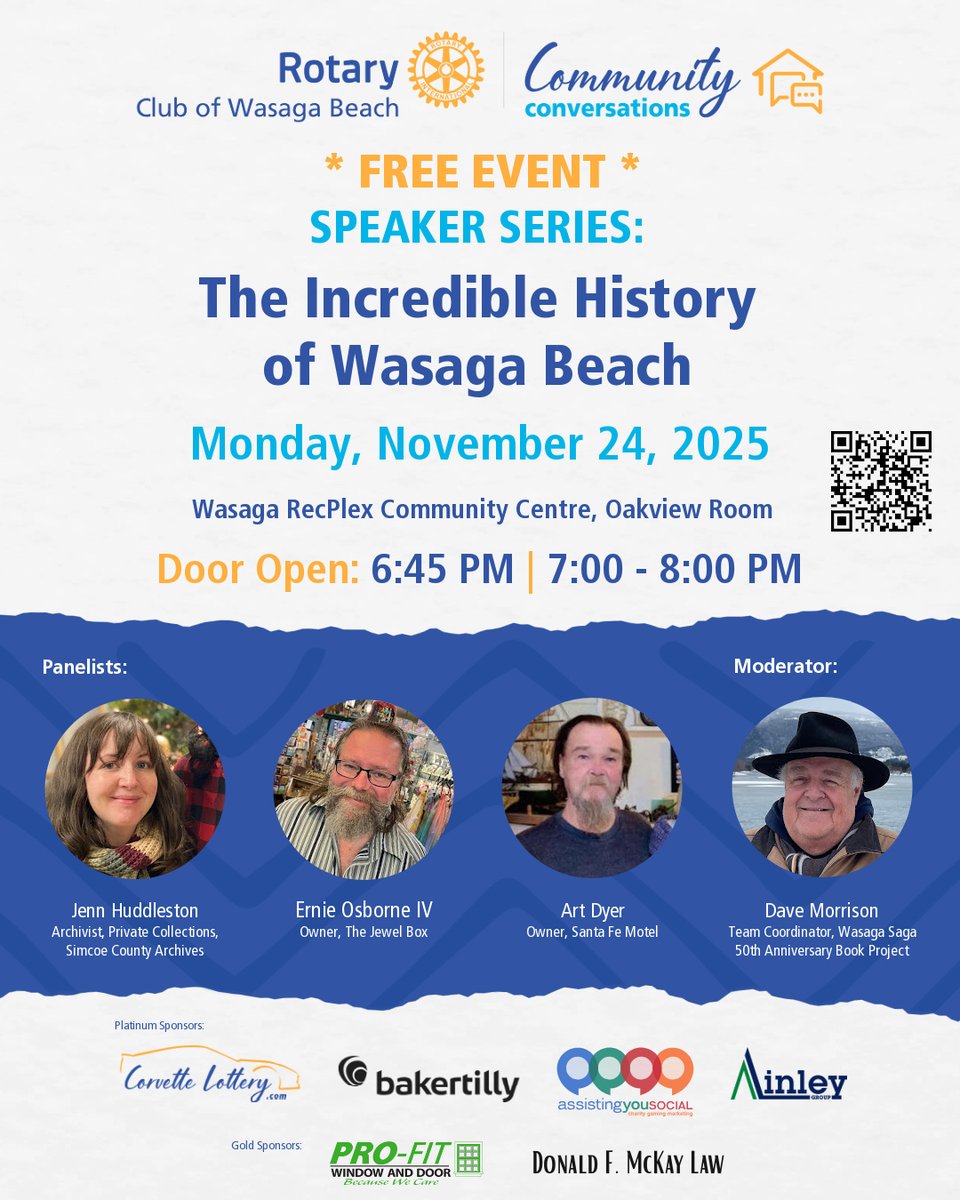 Join us Monday, Nov 24 for The Incredible History of Wasaga Beach, part of the Rotary Community Conversations series.

- 7:00–8:00 PM at the RecPlex (doors at 6:45)
- Local storytellers, community history, and great conversation
- Free to attend – all are welcome!