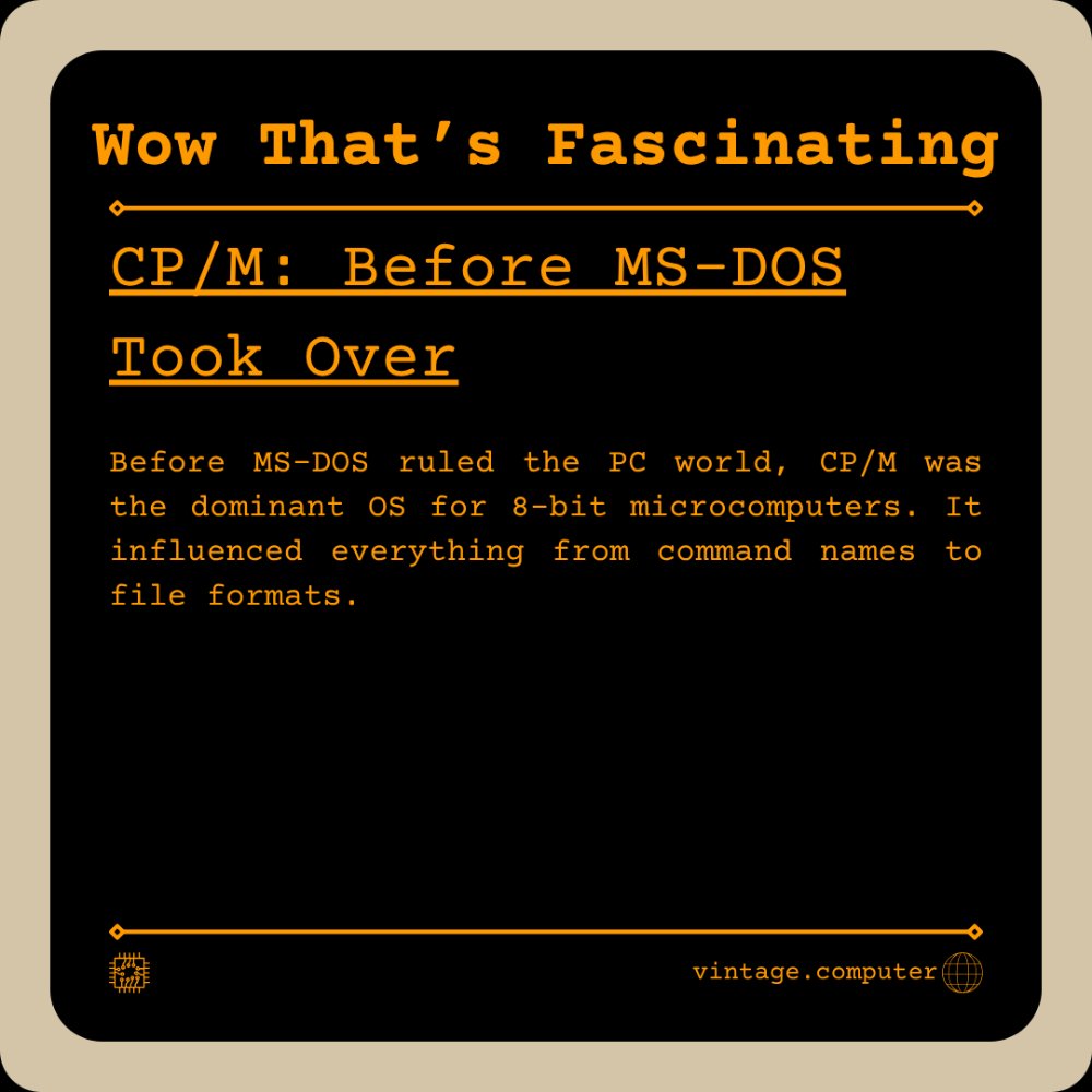 realvintagecomp's tweet image. Before MS-DOS became the standard, CP/M was the operating system for 8-bit microcomputers. Its commands, conventions, and structure shaped computing, right down to things we still use today. #VintageComputing #CPM #RetroTech #WowThatsFascinating #VintageComputer
