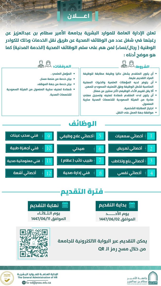ewdifh's tweet photo. (🔴) وظائف صحية (رجال / نساء) بنظام نقل الخدمات لدى جامعة الأمير سطام:

▪️ تشمل (أخصائي تمريض، صيدلي، طبيب، أخصائي أشعة، فنيين) وغيرها.
🗓 يبدأ التقديم الأحد ١٤٤٧/٦/٢هـ وينتهي الثلاثاء ١٤٤٧/٦/١١هـ.

https://t.co/OLa85ZFC5H https://t.co/xbWNQSGuGw