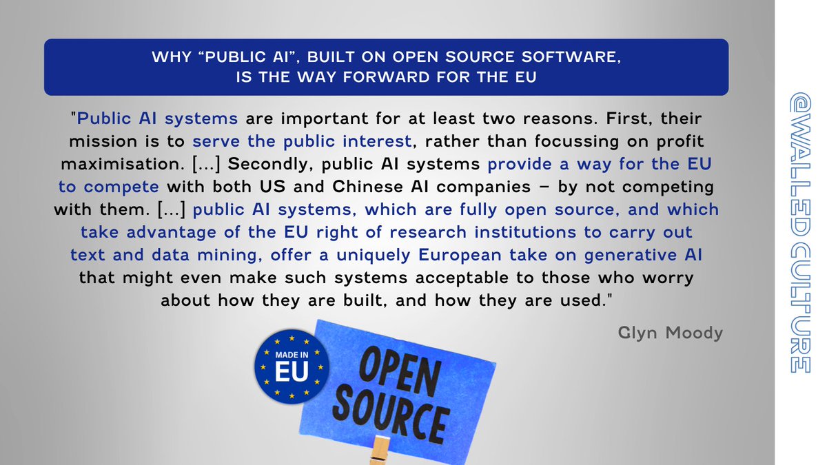 walledculture's tweet image. The EU&apos;s AI edge: #PublicAI built on #OpenSource. @glynmoody looks at how two EU laws converge, enabling research institutions to use #TDM while serving public interest, not profit maximisation. Europe’s answer to the #AI dominance from the US &amp;amp; China? 
walledculture.org/why-public-ai-…