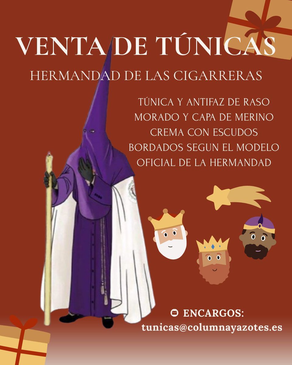 🟪 VENTA DE TÚNICAS DE NAZARENO Y MONAGUILLO

Un año más, la Hermandad pone a disposición de sus hermanos la posibilidad de adquirir una túnica.

Pídeles a sus Majestades Los Reyes Magos de Oriente la túnica de nazareno o monaguillo, y desde la Hermandad nos encargaremos de