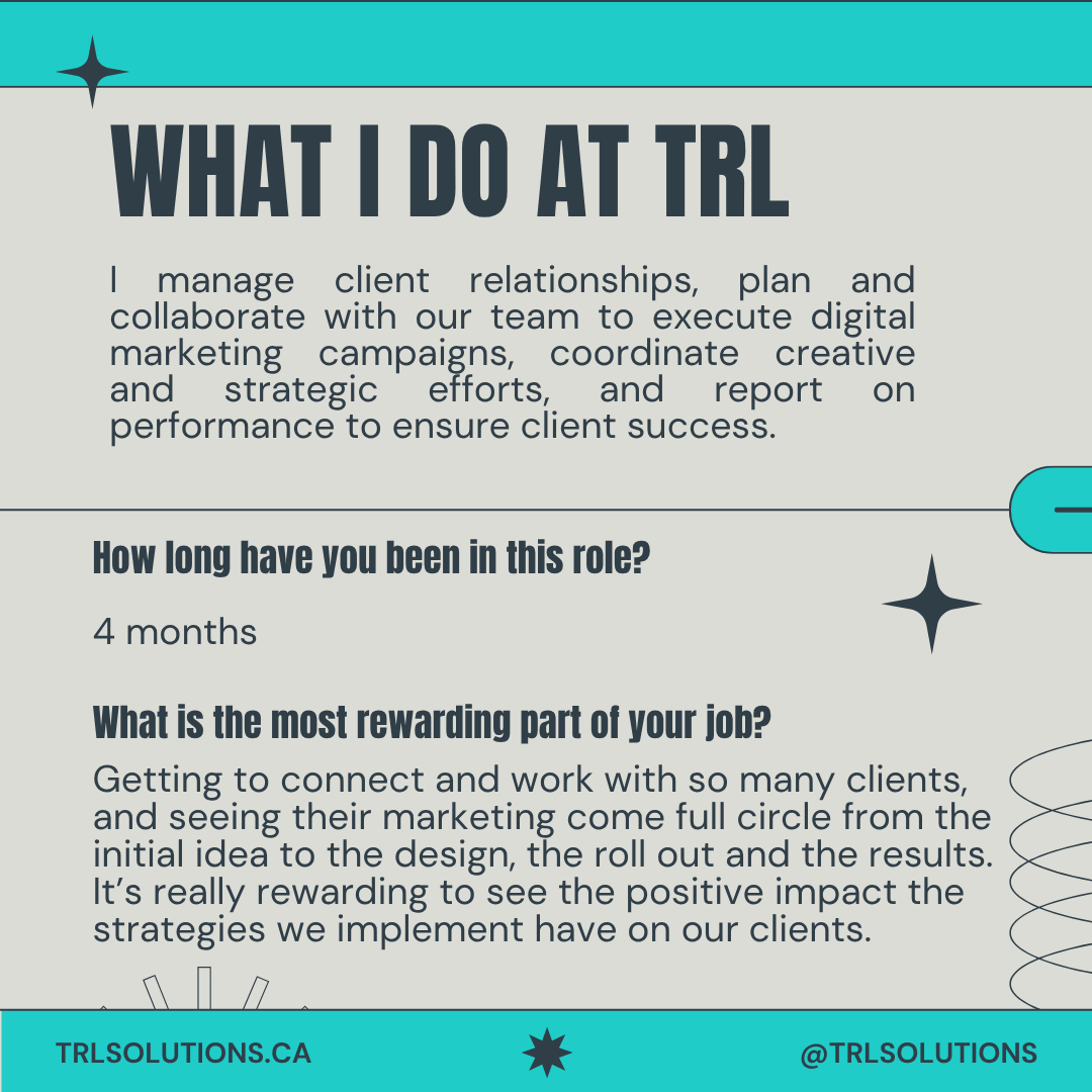 SolutionsTrl's tweet image. Meet Shae, one of our Account Managers! 👋 As the newest addition to our team, Shae is already impressing everyone with her strategic thinking and confidence in working with clients. Say hi to Shae in the comments!

#TRLSolutions #MeettheTeam #TeamAppreciation #DigitalMarketing