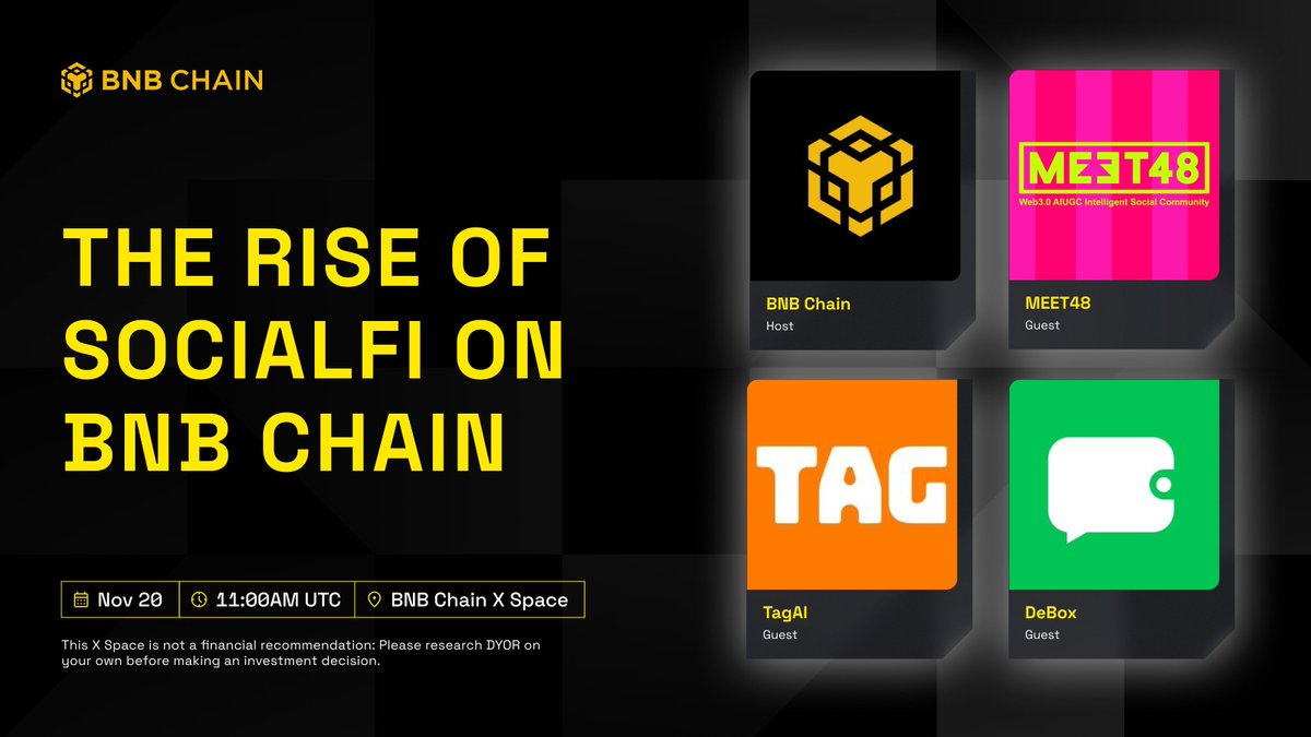 BNB Chain SocialFi X Space promotional banner featuring event details and guest logos