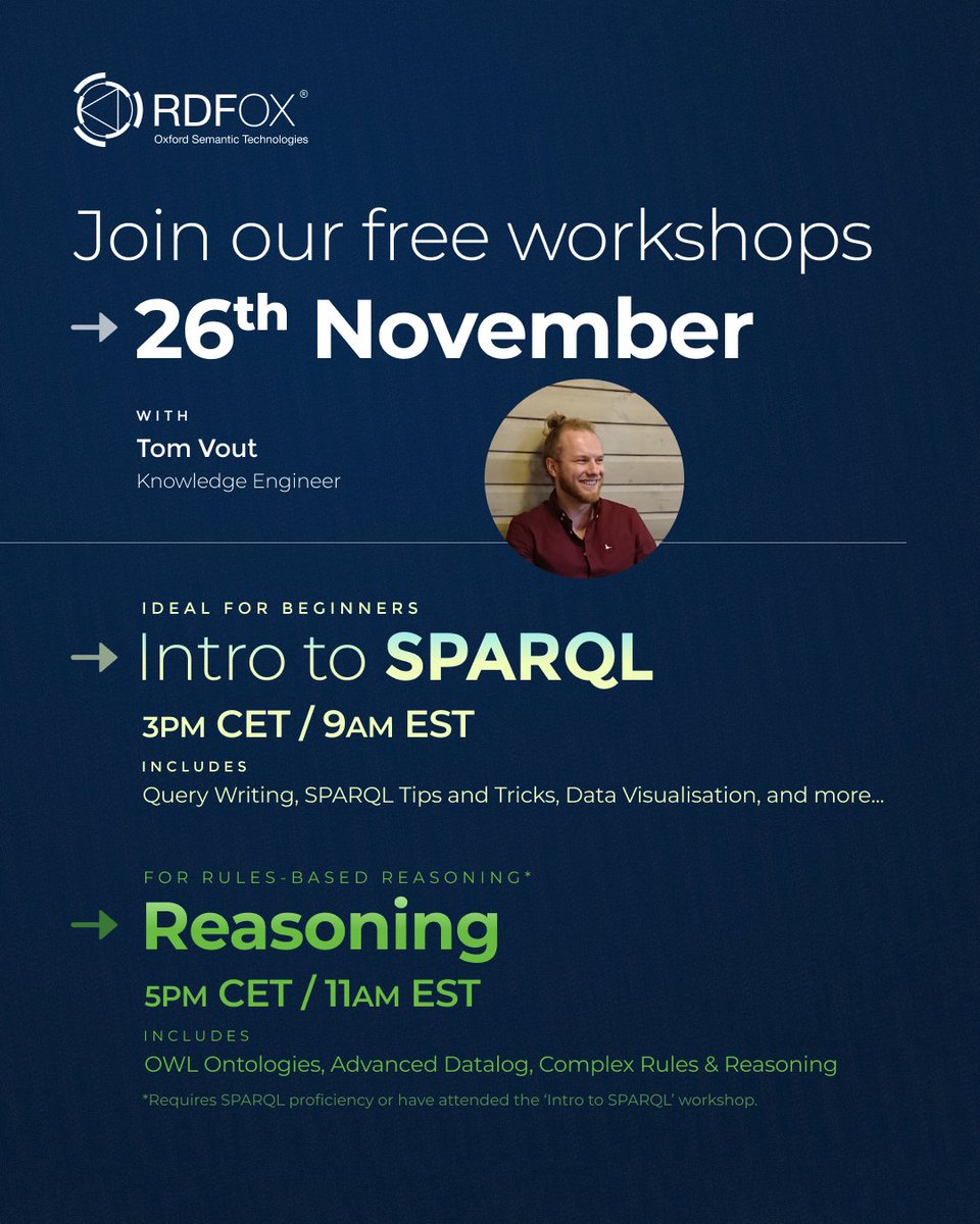 oxfordsemantic's tweet image. Join us on 26 Nov for the #RDFox Semantic Reasoning #workshop! 👇

We&apos;ll be covering everything to get you started with:
✅ #KnowledgeGraphs
✅ Writing #SPARQL queries
✅ #Ontologies
✅ Datalog rules
✅ Best practice tips &amp;amp; tricks

📌 Sign up for free
hubs.li/Q03KgLF-0