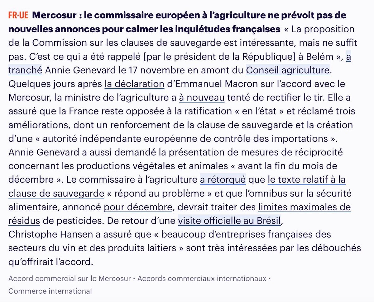 🔴 Fin de non recevoir pour Annie Genevard qui a tenté timidement d’atténuer les effets néfastes de l’accord avec le #Mercosur. Avec Macron, la France reste accrochée à la remorque de Bruxelles au détriment de nos agriculteurs.