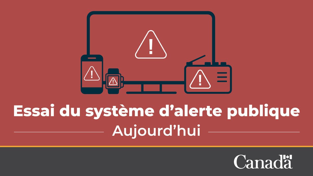 Si vous recevez un test d’alerte d’urgence sur votre téléphone aujourd’hui, n’appelez pas le 911. Ce service vital est réservé aux urgences. Pour savoir quand le test aura lieu et quoi faire lorsque vous recevrez le message : enalerte.ca/information-ec… #EnAlerte